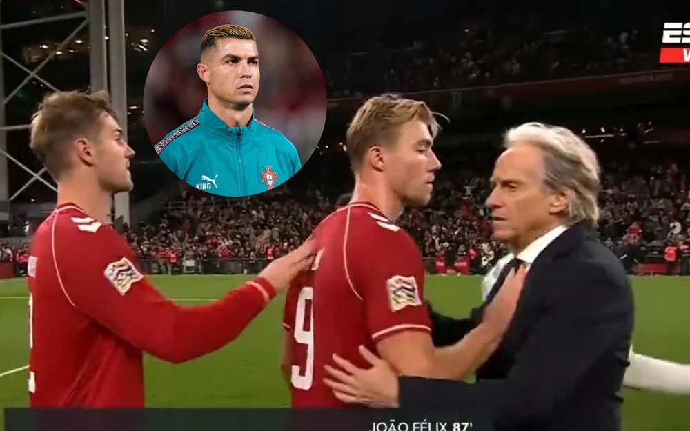 Hojlund imitó el festejo de Cristiano y empujó a Jorge Jesus tras la derrota de Dinamarca