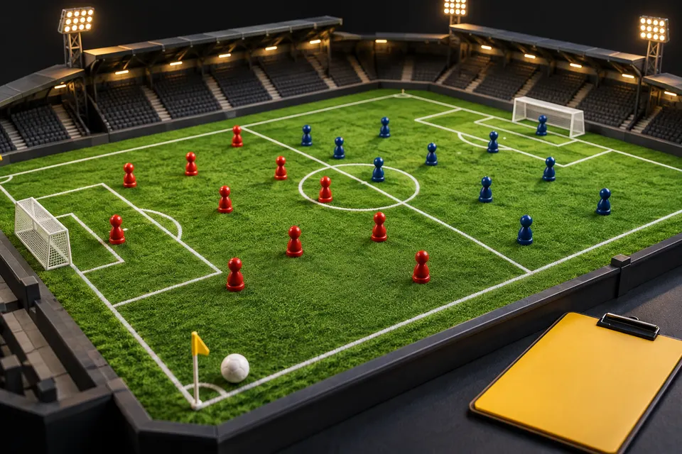 Cancha en miniatura con fichas rojas y azules, una pelota y un cuaderno amarillo.