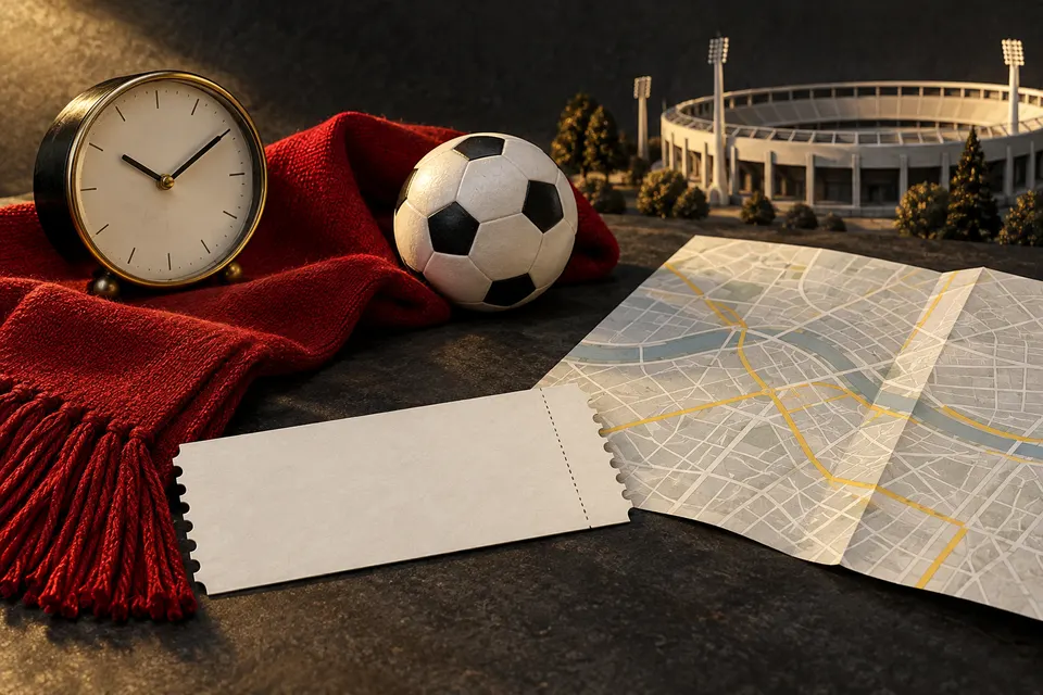 Reloj, entrada sin texto, bufanda y mapa abstracto junto a un estadio en miniatura.